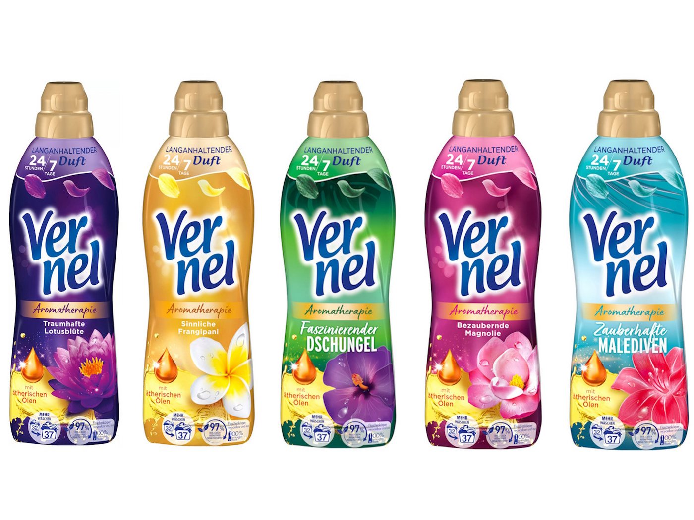 Vernel Aromatherapie Fragipani & Malediven & Dschungel & Magnolie & Lotus Weichspüler (Mix-Set, [5-St. 5x 39 WL (195WL) mit ätherischen Ölen) von Vernel