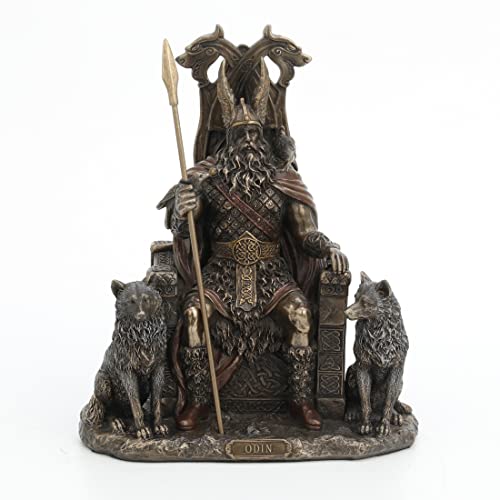 Veronese Design Skulptur Odin sitzend auf Thron mit Wölfen, Kunstharz, Bronze-Finish, Wikingerdekor, 21,9 cm von Veronese Design