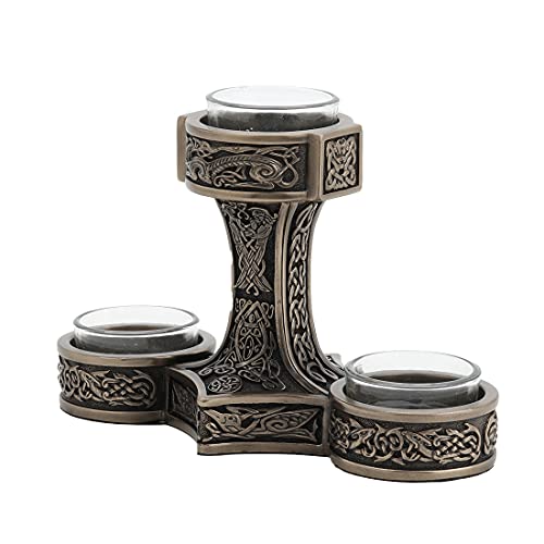 Veronese Design Teelichthalter, Mjolnir-Hammer von Thor, dreifacher Kopf, Wikinger, nordisches Dekor, kaltgegossen, bronzefarbene Harzskulptur von Veronese Design
