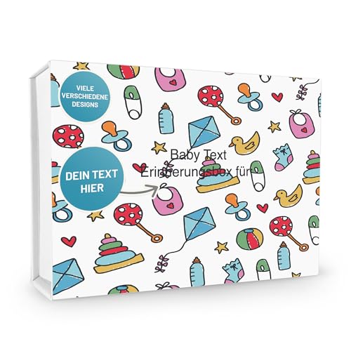 Verpackungswelt Erinnerungsbox Baby personalisiert | 23x17x5 cm | Geschenk-Box mit Magnet-Verschluss & Kinderspielzeug-Motiv | Baby-Box zur Geburt & Taufe | Personalisierte Geschenk-Verpackung Weiß von Verpackungswelt