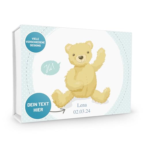 Verpackungswelt Erinnerungsbox Baby personalisiert | 23x17x5 cm | Geschenk-Box mit Magnet-Verschluss & Teddy-Motiv | Baby-Box perfekt zu Geburt & Taufe | Personalisierte Geschenk-Verpackung in Weiß von Verpackungswelt