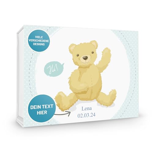 Verpackungswelt Erinnerungsbox Baby personalisiert | 31x22x10 cm | Geschenk-Box mit Magnet-Verschluss & Teddy-Motiv | Baby-Box perfekt zu Geburt & Taufe | Personalisierte Geschenk-Verpackung in Weiß von Verpackungswelt