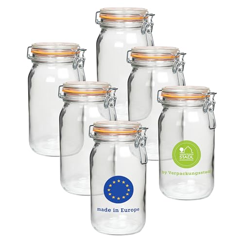 Einmachgläser 1500ml 6er Set mit Deckel – hochwertige Drahtbügelgläser mit Gummiring, luftdicht, ideal zum Einmachen, Aufbewahren, Fermentieren, Vorrat, Marmelade, Honig, Likör, BPA-frei (1500ml) von Verpackungsstadl