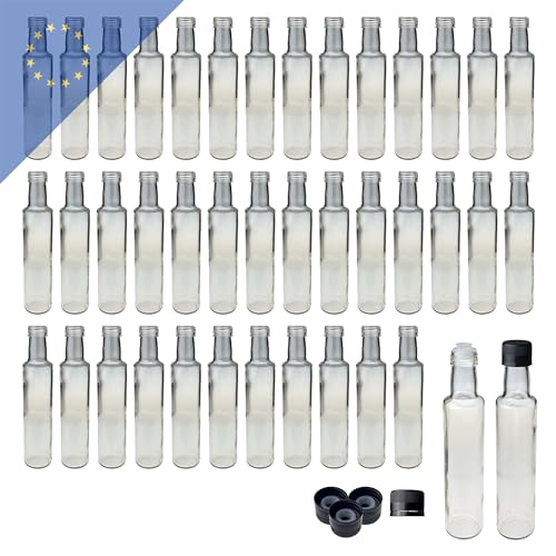 Glasflaschen Dorica 250ml (42 Stk.) Inklusive schwarzem PP31.5 Kunststoffverschluss und Ausgießer - Ideal für Öle, Säfte und Essig - Robuste Flasche für lange Haltbarkeit und optimale Lagerung von Verpackungsstadl