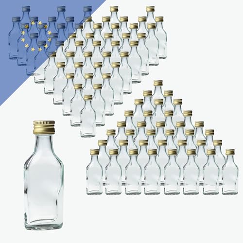 Verpackungsstadl 100x Schnapsflaschen 20ml PP18 gold – Hochwertige, wiederverwendbare Glasflasche, ideal für Hochzeiten und Parties – Leicht und robust (100 Stk.) von Verpackungsstadl