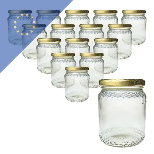 Verpackungsstadl 16x Euro Honigglas 500g – TO 70 Deckel in gold mit Wabenmotiv– Für 1/2 kg Honig, Marmelade & Dips – Mit Wabenmuster – Wiederverwendbar – 16er Set von Verpackungsstadl