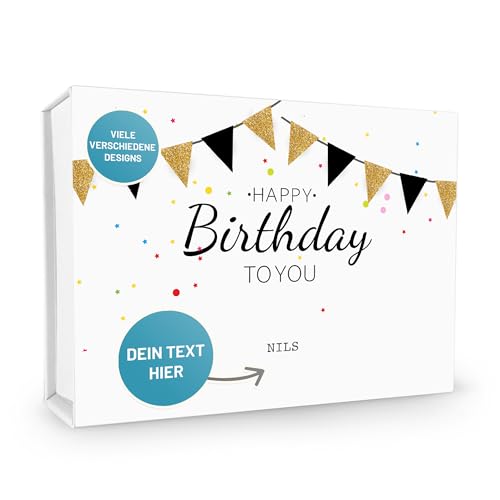 Verpackungswelt Personalisierte Geschenk-Box Geburtstag | 23x17x5 cm | Geschenk-Karton mit Deckel & Magnet-Verschluss | 'Happy Birthday'-Motiv Nr. 4 | Geschenk-Verpackung personalisiert in Weiß von Verpackungswelt