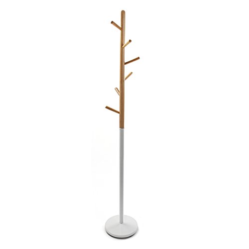 Versa Holstebro Minimalistischer Garderobenständer für den Eingangsbereich, mit 9 Haken für Kleidung oder Taschen für die Halle, Maßnahmen (H x L x B) 180 x 28 x 28 cm, Metall und Holz, Farbe: Weiß von Versa
