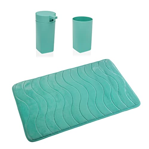 Versa Myra Badezimmerzubehör-Set mit Spender, Bürstenbecher und Rutschfester Matte, modern, Maße (H x L x B) 1 x 45 x 75 cm, Polypropylen und Baumwolle, Grün von Versa