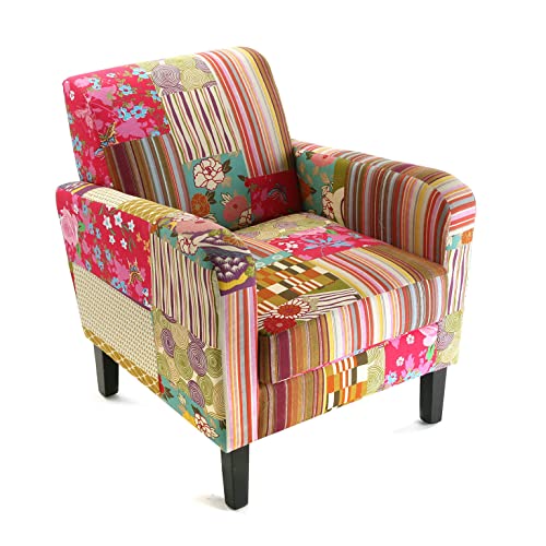 Versa Pink Patchwork Sessel für Wohnzimmer, Schlafzimmer oder Esszimmer, bequemer und Anderer Sessel, mit Armlehnen, Maßnahmen (H x L x B) 71 x 77 x 65 cm, Baumwolle und Holz, Farbe: Rosa von Versa