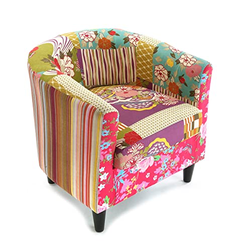 Versa Pink Patchwork Sessel für Wohnzimmer, Schlafzimmer oder Esszimmer, bequemer und Anderer Sessel, mit Armlehnen, Maßnahmen (H x L x B) 56 x 62 x 64 cm, Baumwolle und Holz, Farbe: Rosa von Versa