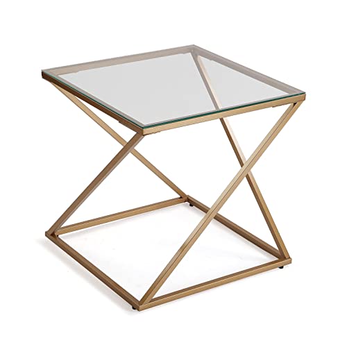 Versa Trento Beistelltisch für das Wohnzimmer, Schlafzimmer oder die Küche. Moderner, niedriger Tisch, Maßnahmen (H x L x B) 51 x 51 x 51 cm, Glas und Metall, Farbe: Gold von Versa