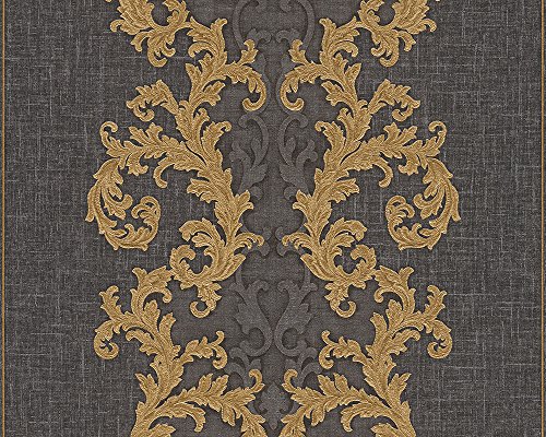 Versace wallpaper Vliestapete Baroque & Roll Luxustapete mit Ornamenten barock 10,05 m x 0,70 m grau metallic schwarz Made in Germany 962326 96232-6 von Versace wallpaper