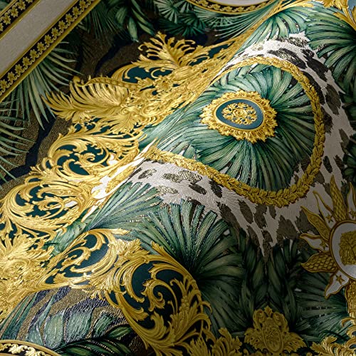 VERSACE WALLPAPER Dschungel Tapete Luxus 387034 Grün Gold Weiß Palmenblätter Designer Logo 10,05x0,70m Made in Germany von A.S. Création