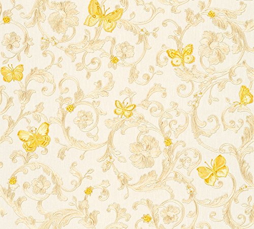 Versace wallpaper Vliestapete Butterfly Barocco Luxustapete mit Ornamenten barock 10,05 m x 0,70 m creme gelb metallic Made in Germany 343251 34325-1 von A.S. Création