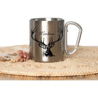 Edelstahlbecher - Tasse Mit Karabinergriff, Deckel, Geschenk, Geschenkidee, Jäger Edelstahlbecher - Tasse Mit Karabinergriff, Deckel, Geschenk, Geschenkidee, Jäger von VerschenkenmitHerz