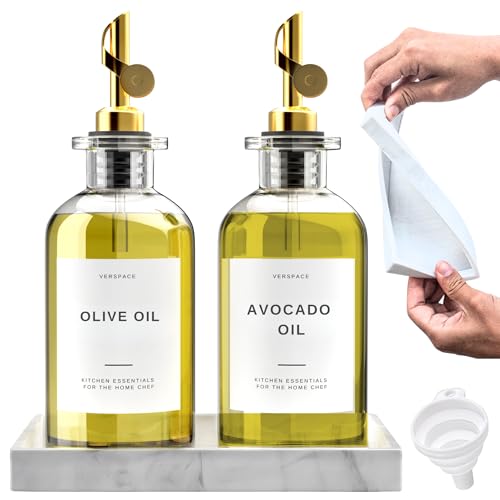 Verspace Olivenölspender Flasche für Küche mit Silikonschale & 40 Etiketten, Sojasaucenspender, Kaffeesirupspender, Olivenölflaschen 2er Set, Gold Verspace Olivenölspender Flasche für Küche mit Silikonschale & 40 Etiketten, Sojasaucenspender, Kaffeesirupspender, Olivenölflaschen 2er Set, Gold von Verspace