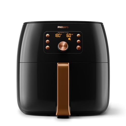 Philips Airfryer XXL mit Rapid Air Technologie - Heißluftfritteuse mit 7,3L Kapazität, 90% weniger Fett, Smart Sensing für Perfekte Ergebnisse, QuickClean, Rezept-App, Schwarz/Kupfer (HD9867/90) von Philips