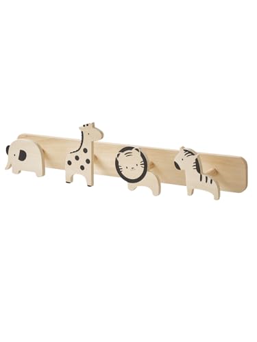 VERTBAUDET Garderobenständer mit Kleiderhaken Jungleboistiere aus Holzfaser, 4 Holztiermotive als Kleiderhaken: Elefant, Giraffe, Löwe, Zebra, Wandmontage, Maße: 48 cm x 10,5 cm von Vertbaudet