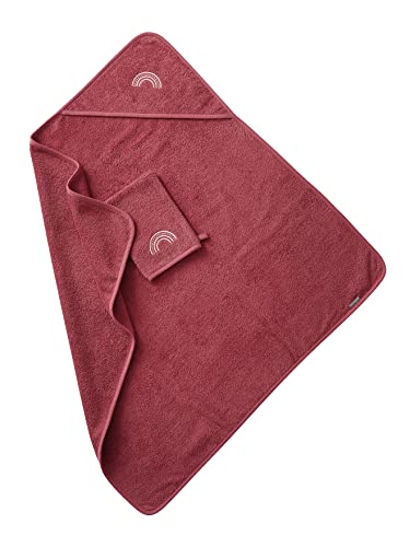 VERTBAUDET Kapuzenbadetuch + Waschlappen, Himbeere, 100 x 100 cm von Vertbaudet