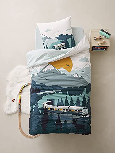 Vertbaudet Bettwäsche Bettbezug + Kissenbezug Kinder auf den Schienen, 140 x 200 cm, Kissenbezug 50 x 75 cm, Grün von Vertbaudet