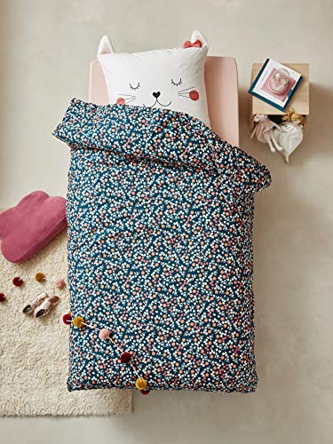Vertbaudet Bettwäsche für Kinder, Bettbezug und Kissenbezug, Motiv: Katze, Öko-Tex, Blau/mehrfarbig, 140 x 200 cm, 63 x 63 cm von Vertbaudet