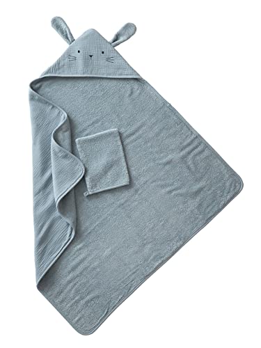 Vertbaudet Bio-Kollektion: Kapuzenbadetuch & Waschhandschuh, blau 100X100 von Vertbaudet