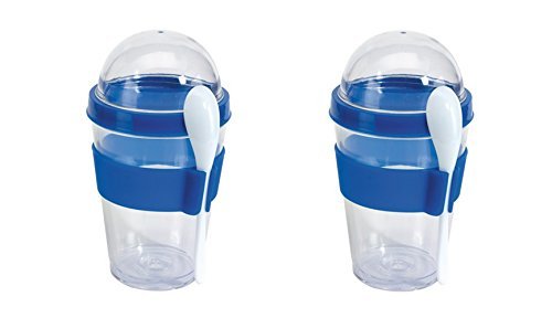 Müslibecher Müslibecher Joghurtbehälter Müslidose 2 Stück aufschraubbarer Deckel inkl Löffel Blau mit Halterung von Vertrieb durch Preiswert & Gut