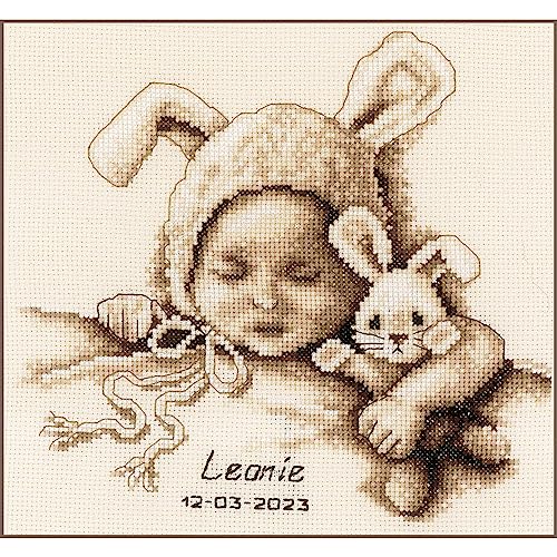 Vervaco Gezählter Kreuzstich Stickpackungen Stickset Baby Geburt Baby und Kuschelhase Wanddekoration Handarbeit Set für Erwachsene Kreatives Handwerk ca. 23 x 21 cm Geburt Geschenk Hausdeko von Vervaco