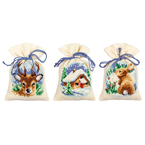 Vervaco Zählmusterpackung Stickset Säckchen Winterzeit 3er DIY Gezählter Kreuzstich Stickpackungen Basteln Erwachsene Kreativ Set 8 x 12 cm Stickset für Anfänger Stoffbeutel zum Sticken von Vervaco