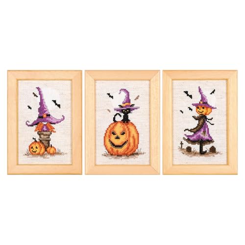 VERVACO Gezählter Kreuzstich Stickpackungen DIY StickbilderHALLOWEEN 3ER SET Wanddekoration Handarbeit für Erwachsene Zählmusterpackung ca. 8 x 12 cm Kreuzstichbilder Set Hausdeko von Vervaco