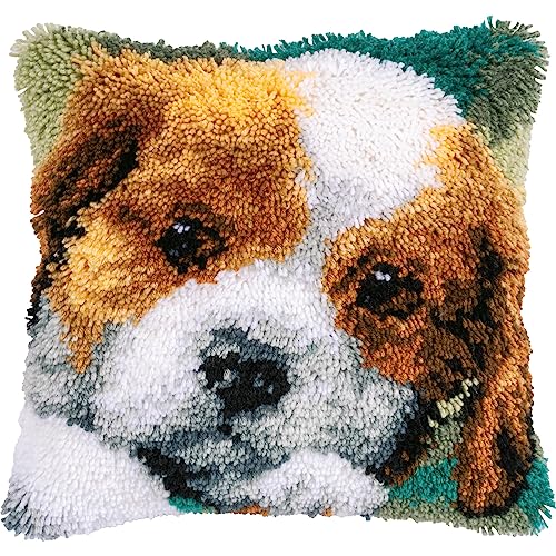 VERVACO Knüpfkissen Set Deko Kissenbezug Knüpfset für Anfänger HUND Basteln Erwachsene Kreativ DIY Handarbeit Kissen zum Selber Knüpfe 40 x 40 cm Latch Hook Kit Knüpfhaken Set Kissen von Vervaco