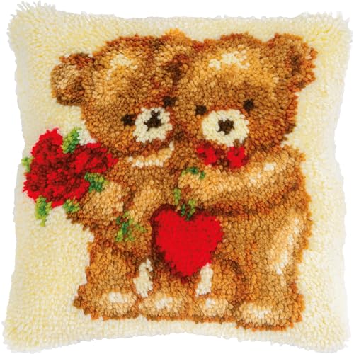 VERVACO Knüpfkissen Set Deko Kissenbezug Knüpfset für Anfänger LOVE BEARS Basteln Erwachsene Kreativ DIY Handarbeit Kissen zum Selber Knüpfe 40 x 40 cm Latch Hook Kit Knüpfhaken Set Kissen von Vervaco