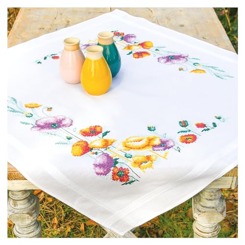 VERVACO Kreuzstich Stickpackungen Tischdecke Mohnblumen Stickdecken Vorgezeichnet Basteln Erwachsene Kreativ Set Vorgedruckte Decke Sticken ca. 80 x 80 cm Handarbeit Zubehör DIY Sticken Set von Vervaco