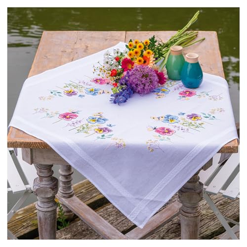 VERVACO Kreuzstich Stickpackungen Tischdecke STIEFMÜTTERCHEN Stickdecken Vorgezeichnet Basteln Erwachsene Kreativ Set Vorgedruckte Decke Sticken ca. 80 x 80 cm Stickset DIY Sticken Set von Vervaco