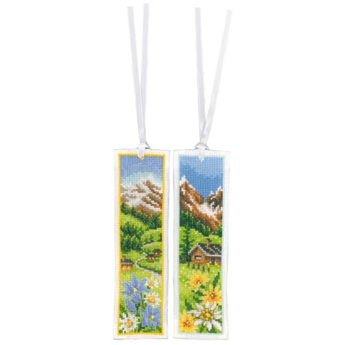 VERVACO Lesezeichen Kreuzstich Stickpackungen Gezählter Kreuzstich Set Alpenwiese 2er DIY Set Erwachsene Sticken Lesen Zubehör Geschenk Zählmusterpackung ca. 6 x 20 cm Stickset für Anfänger von Vervaco
