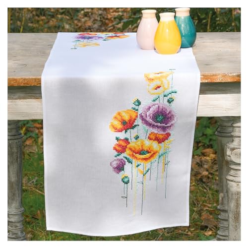 VERVACO Stickpackung Kreuzstich Set Vorgedruckt Tischläufer Mohnblumen Stickdecken Vorgezeichnet DIY Basteln Erwachsene Kreativ Set Stickläufer zum Selbersticken ca. 38 x 142 cm Handarbeit Zubehör von Vervaco