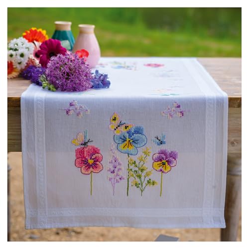 VERVACO Stickpackung Kreuzstich Set Vorgedruckt Tischläufer STIEFMÜTTERCHEN Stickdecken Vorgezeichnet DIY Basteln Erwachsene Kreativ Stickläufer zum Selbersticken ca. 40 x 100 cm Stickset von Vervaco