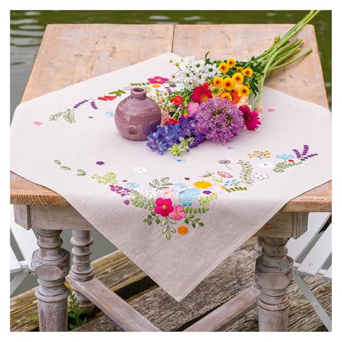 VERVACO Stickpackung Tischdecke Sticken Set Erwachsene Vorgedruckt HEITERES FRÜHJAHR Stickdecken Vorgezeichnet Decke Sticken Stickpackung Plattstich ca. 72 x 72 cm Stickset Kreatives Geschenk von Vervaco