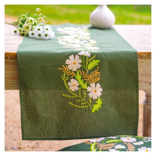 VERVACO Stickpackung Tischläufer Sticken Set Erwachsene Vorgedruckt WEISS BLUMIG Stickläufer zum Selbersticken Vorgezeichnet Decke Sticken Stickpackung Plattstich ca. 35 x 95 cm Kreatives Geschenk von Vervaco