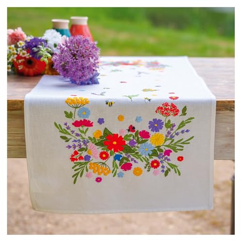 VERVACO Stickpackung Tischläufer Sticken Set Erwachsene Vorgedruckt WELT DER BLUMEN Stickläufer zum Selbersticken Vorgezeichnet Decke Sticken Stickpackung Plattstich ca. 35 x 95 cm Kreatives Geschenk von Vervaco