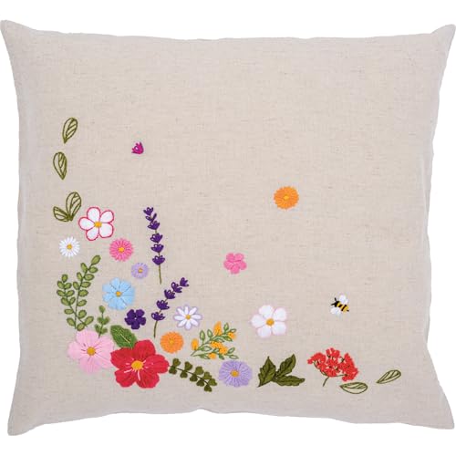 VERVACO Stickpackung Vorgedruckt Kissen Stickerei Set Anfänger BUNTE WELT DER BLUMEN Stickset Kissenbezug Mit Reissverschluss Dekoratives Kissen ca. 40 x 40 cmDIY Deco Bastelset Haus Dekoration von Vervaco