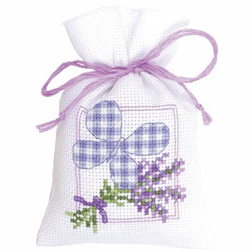 VERVACO Zählmusterpackung Stickset Säckchen Lavendel m. Schmette DIY Gezählter Kreuzstich Stickpackungen Basteln Erwachsene Kreativ Set ca. 8 x 12 cm Stickset für Anfänger Stoffbeutel zum Sticken von Vervaco