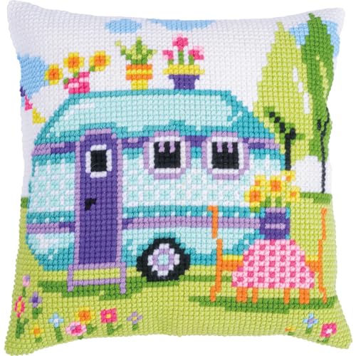VERVACO Kreuzstich Stickpackungen Kissen Stickerei Set Anfänger Vorgedruckt Unterwegs in den Urlaub DIY Set Kreativ Set Für Erwachseneca. 40 x 40 cm Bastelset Handwerker Haus Dekoration von Vervaco