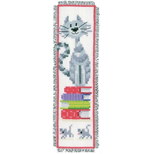 VERVACO Lesezeichen Kreuzstich Stickpackungen Gezählter Kreuzstich Set Katze auf Bücherstapel DIY Set Erwachsene Sticken Lesen Zubehör Geschenk Zählmusterpackung ca. 6 x 20 cm Stickset für Anfänger von Vervaco