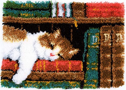 Vervaco Katze im Bücherregal Knüpfteppich, Stramin, Weiß, 53 x 39 x 0,3 cm von Vervaco