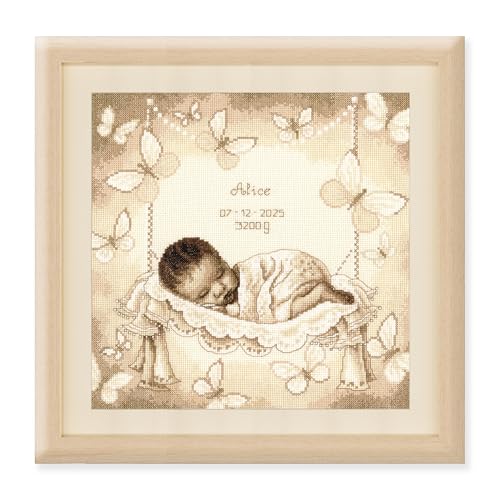 Vervaco Gezählter Kreuzstich Stickpackungen Stickset Baby Geburt Baby in der Hängematte Wanddekoration Handarbeit Set für Erwachsene Kreatives Handwerk ca. 28 x 28 cm Geburt Geschenk Hausdeko von Vervaco