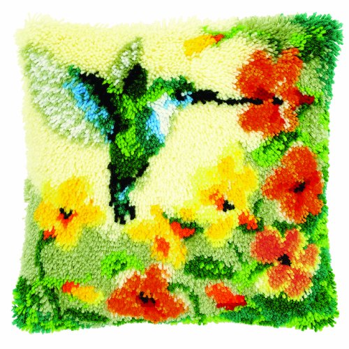 Vervaco Kolibri mit Blumen Knüpfkissen mit Knüpfhaken, Baumwolle, Mehrfarbig, 40 x 40 x 1 cm von Vervaco