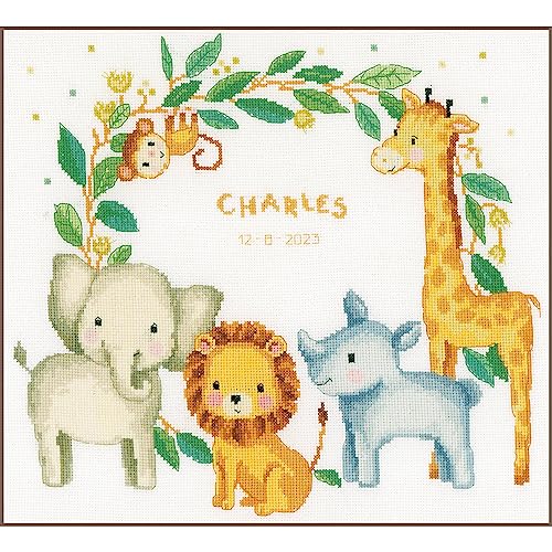 Vervaco Gezählter Kreuzstich Stickpackungen Stickset Baby Geburt Dschungeltiere Wanddekoration Handarbeit Set für Erwachsene Kreatives Handwerk ca. 36 x 33 cm Geburt Geschenk Hausdeko von Vervaco