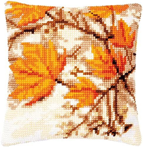 Vervaco Kreuzstich Stickpackungen Kissen Stickerei Set Anfänger Vorgedruckt Herbstblätter DIY Set Kreativ Set Für Erwachsene Dekoratives Kissen ca. 40 x 40 cm Bastelset Handwerker Haus Dekoration von Vervaco